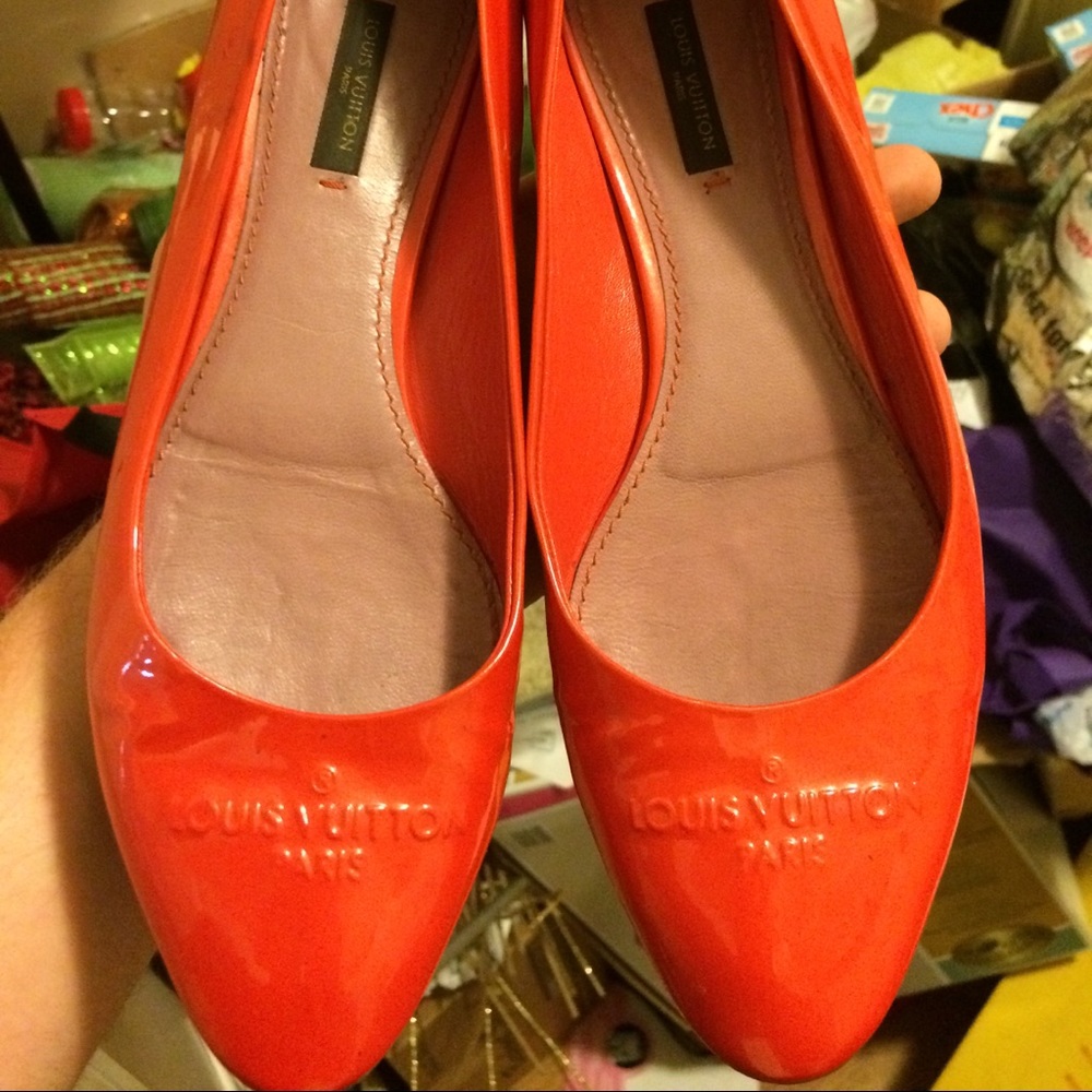 Louis Vuitton orange/red patent leather flats
